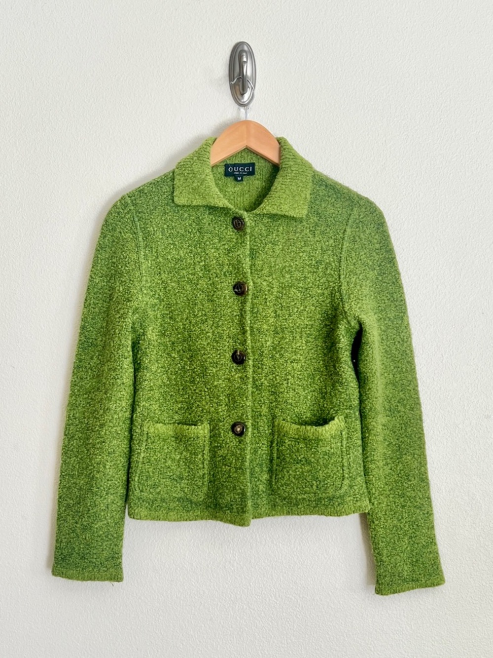 Vintage GUCCI by Tom Ford F/W 1995 Boucle Knit Collared Cardigan Jacket in Green - Picture 1 of 8